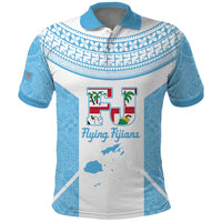 Custom Fiji Tapa Rugby Polo Shirt Flying Fijian Blue And White Version