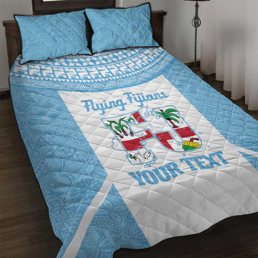 Custom Fiji Tapa Rugby Quilt Bed Set Flying Fijian Blue And White Version