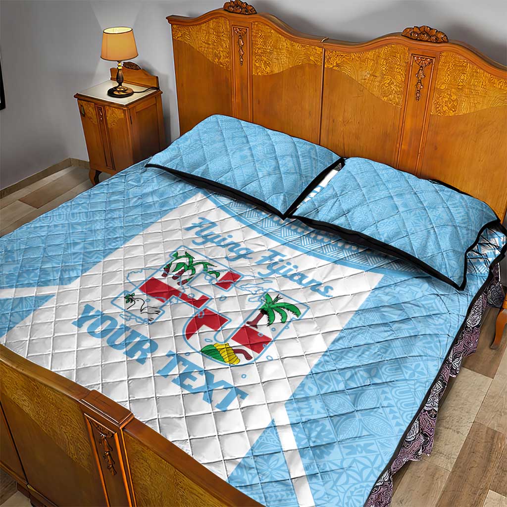 Custom Fiji Tapa Rugby Quilt Bed Set Flying Fijian Blue And White Version