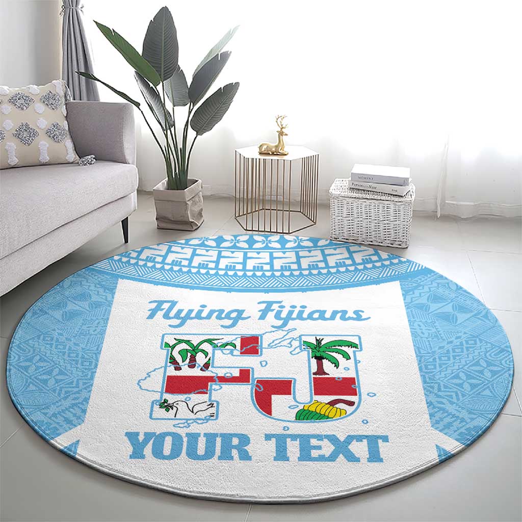 Custom Fiji Tapa Rugby Round Carpet Flying Fijian Blue And White Version
