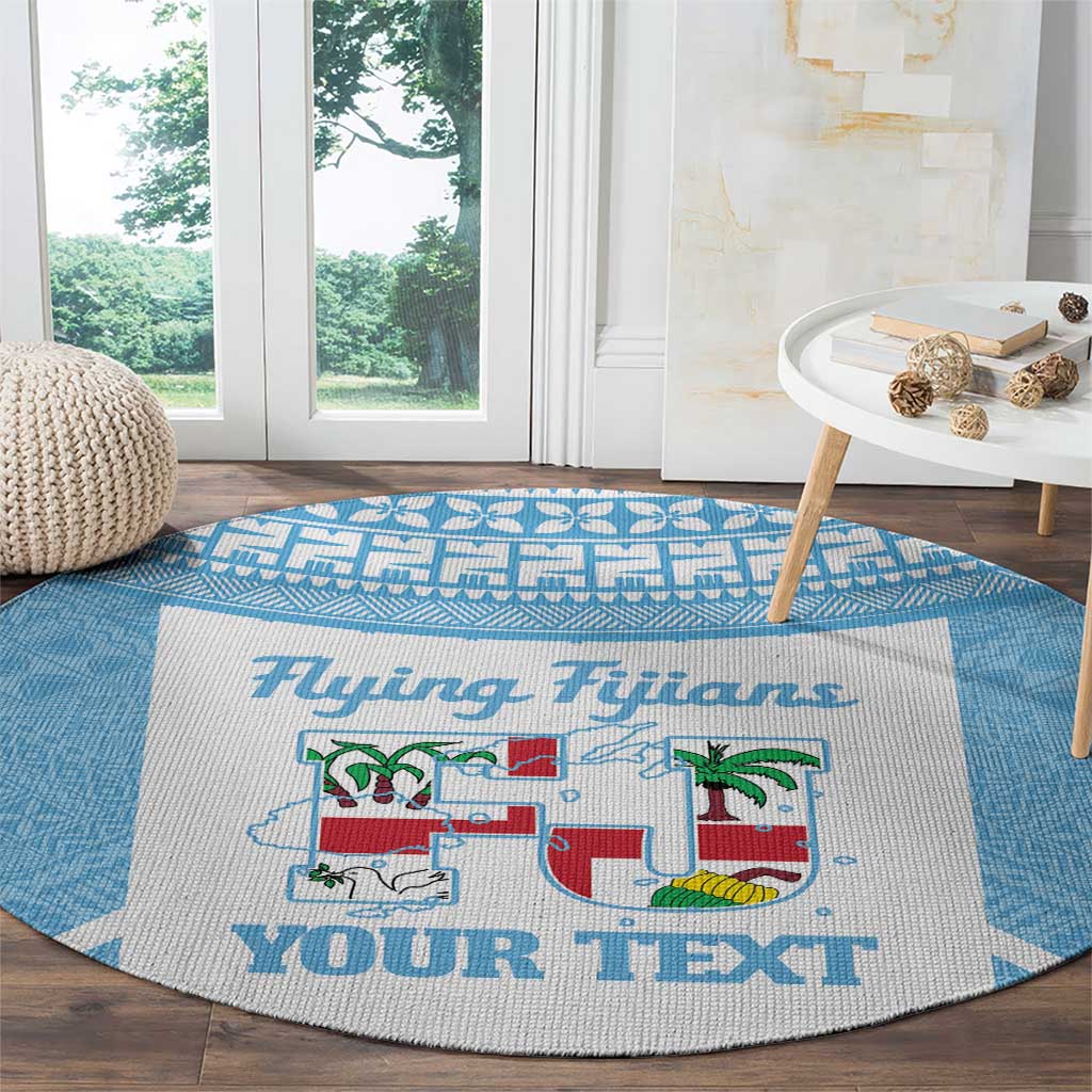 Custom Fiji Tapa Rugby Round Carpet Flying Fijian Blue And White Version