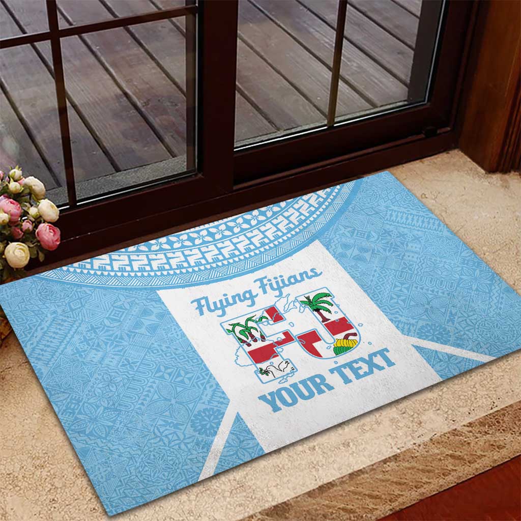 Custom Fiji Tapa Rugby Rubber Doormat Flying Fijian Blue And White Version