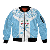 Custom Fiji Tapa Rugby Sleeve Zip Bomber Jacket Flying Fijian Blue And White Version
