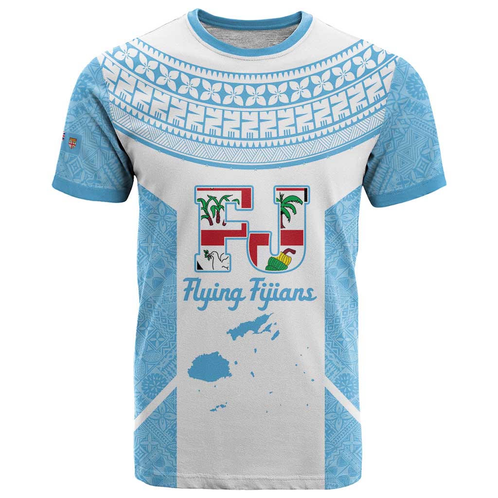 Custom Fiji Tapa Rugby T Shirt Flying Fijian Blue And White Version