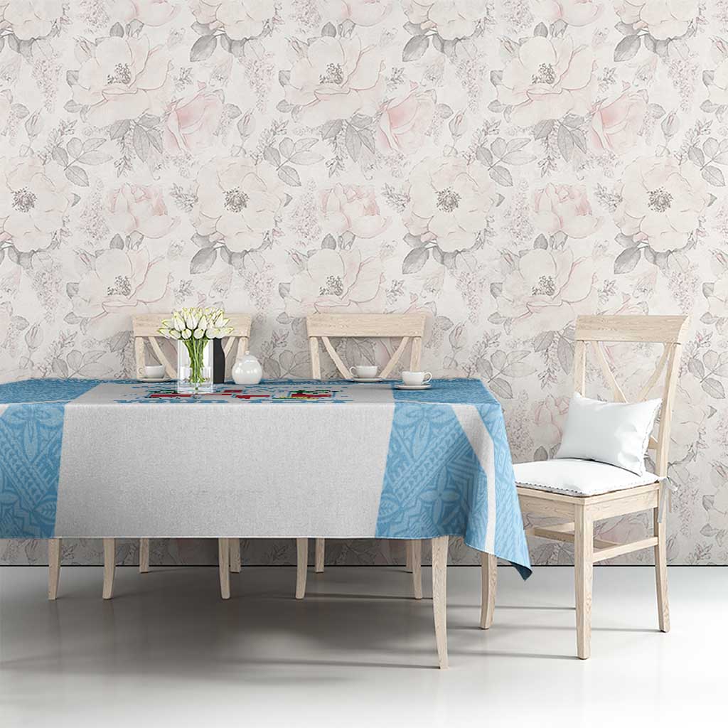 Custom Fiji Tapa Rugby Tablecloth Flying Fijian Blue And White Version