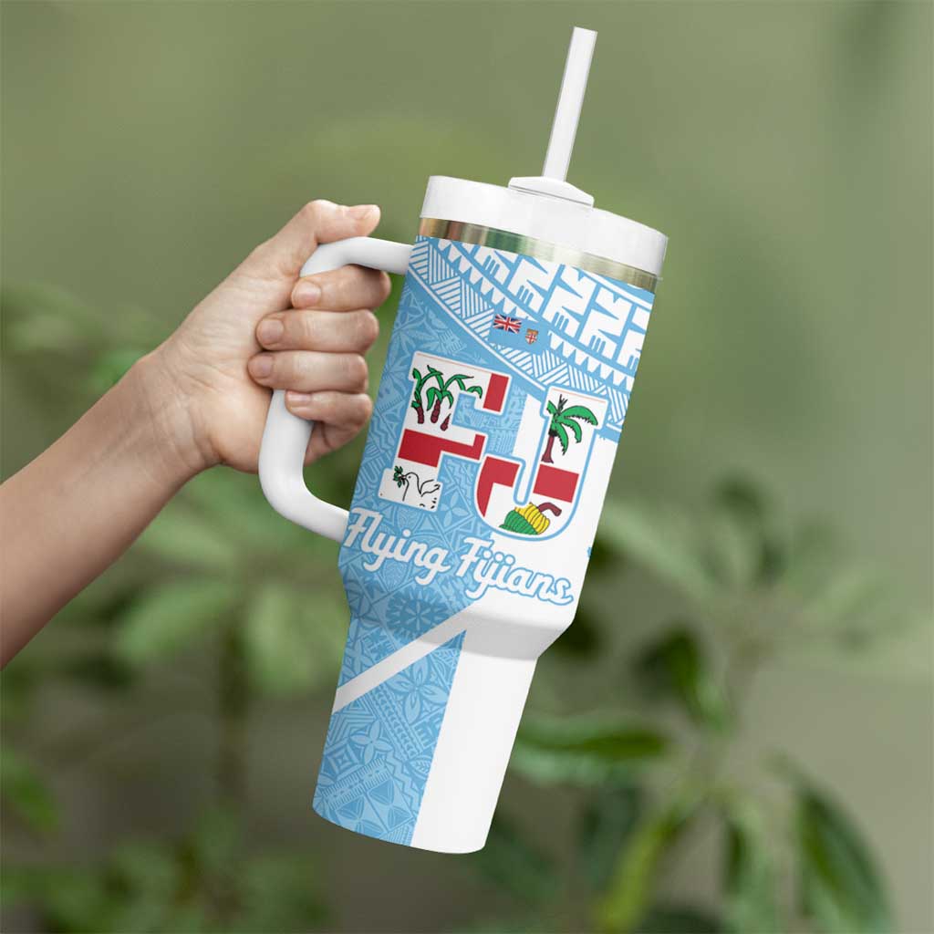 Custom Fiji Tapa Rugby Tumbler With Handle Flying Fijian Blue And White Version
