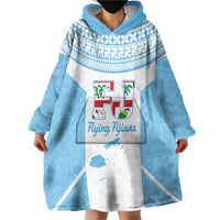 Custom Fiji Tapa Rugby Wearable Blanket Hoodie Flying Fijian Blue And White Version