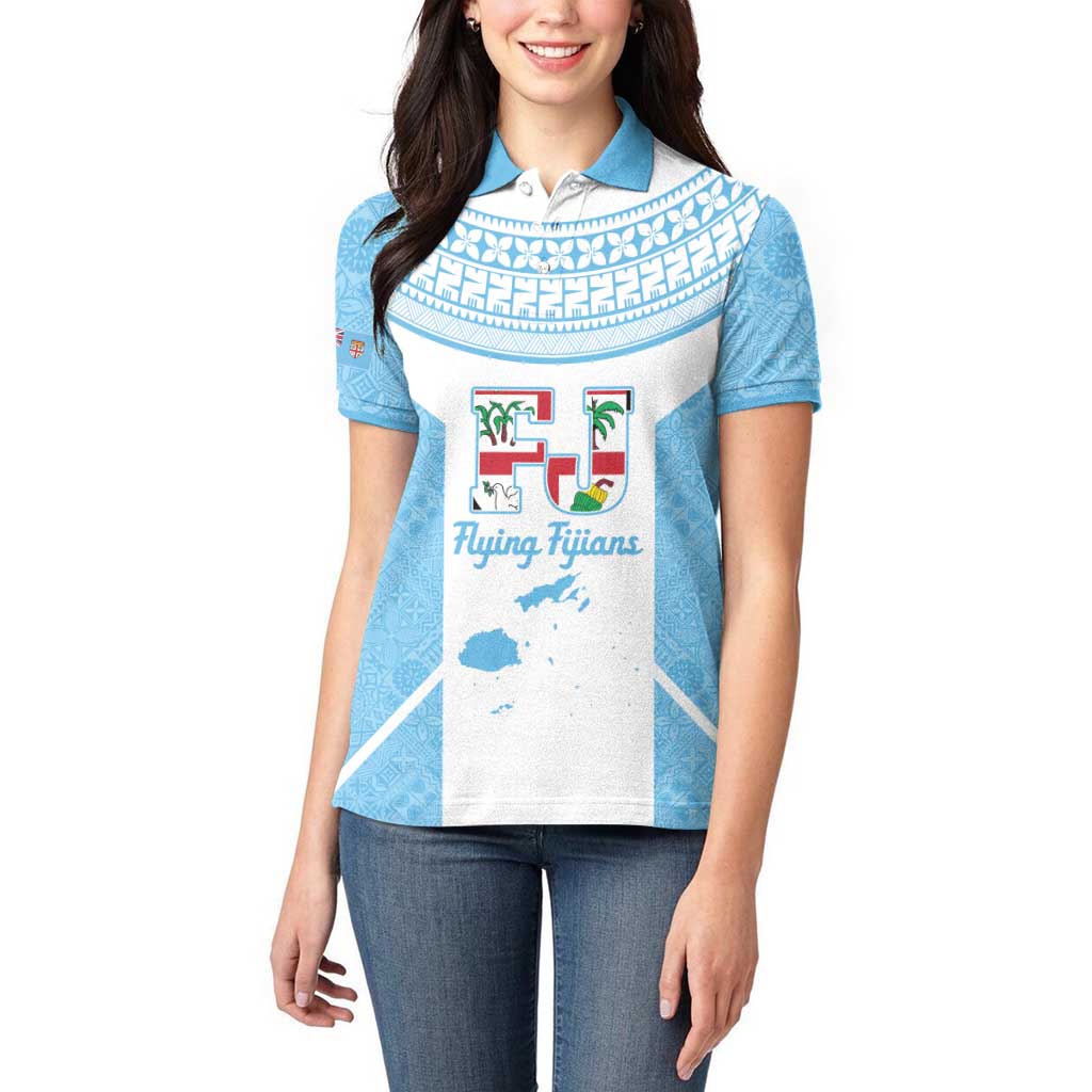 Custom Fiji Tapa Rugby Women Polo Shirt Flying Fijian Blue And White Version