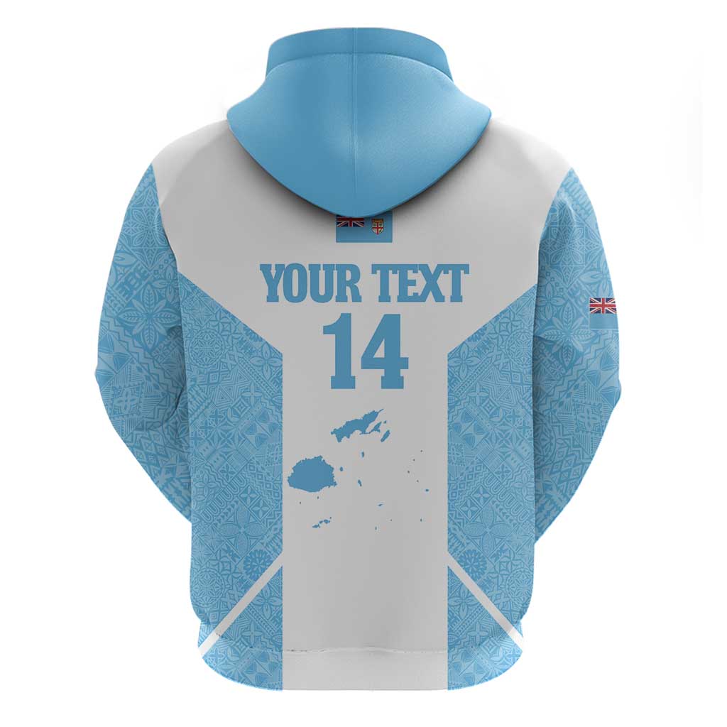 Custom Fiji Tapa Rugby Zip Hoodie Flying Fijian Blue And White Version