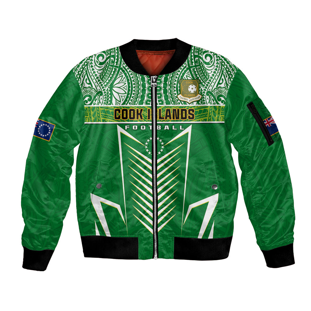 Cook Islands Football Sleeve Zip Bomber Jacket Go Kuki Airani Polynesian Sporty Style LT14 Unisex Green - Polynesian Pride