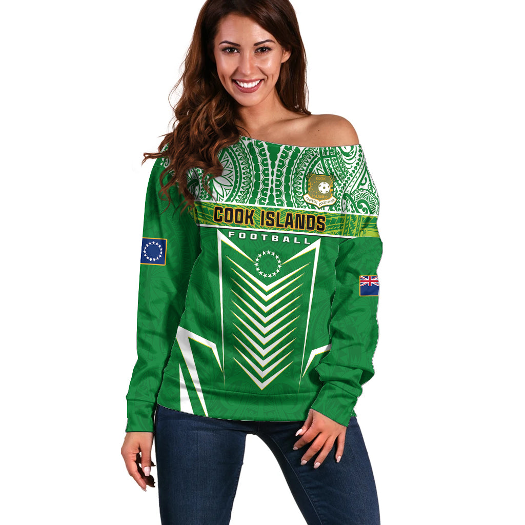Personalised Cook Islands Football Off Shoulder Sweater Go Kuki Airani Polynesian Sporty Style LT14 Women Green - Polynesian Pride