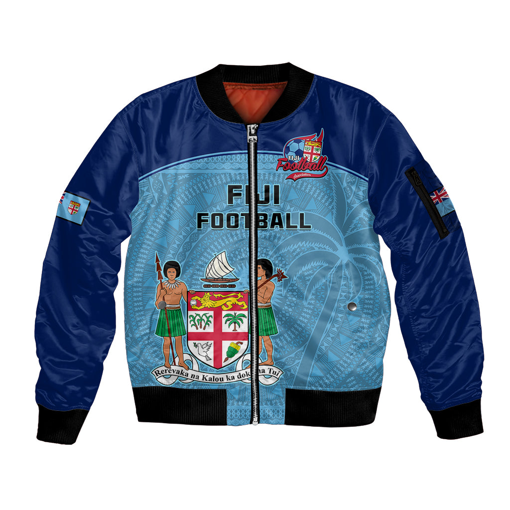 Personalised Fiji Football Sleeve Zip Bomber Jacket Fijian Tapa Pattern Sporty Style LT14 Unisex Blue - Polynesian Pride