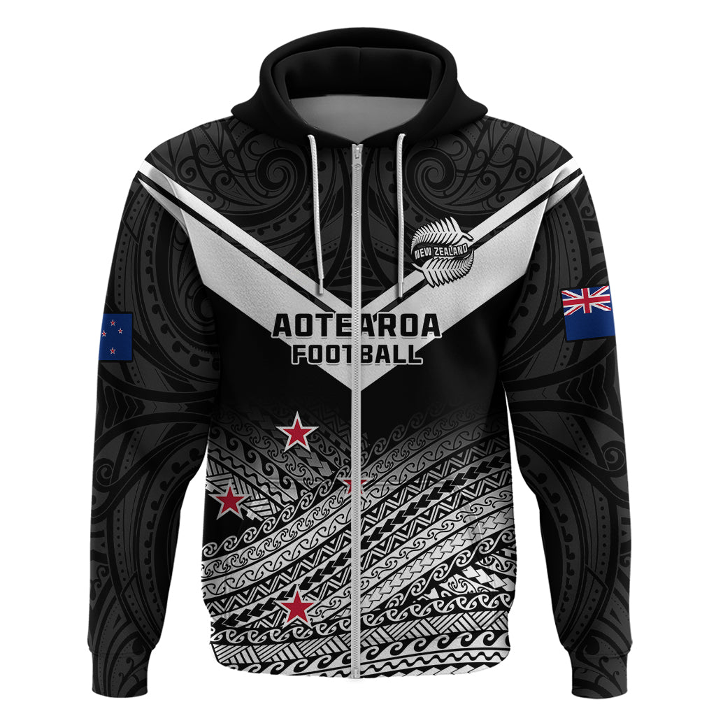 Aotearoa Football Hoodie Go New Zealand Maori Fern Pattern LT14 Zip Hoodie Black - Polynesian Pride