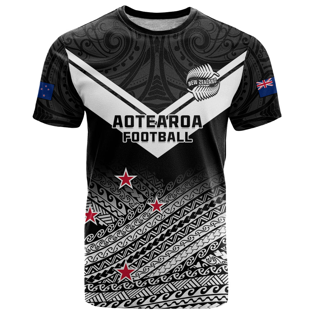 Aotearoa Football T Shirt Go New Zealand Maori Fern Pattern LT14 Black - Polynesian Pride