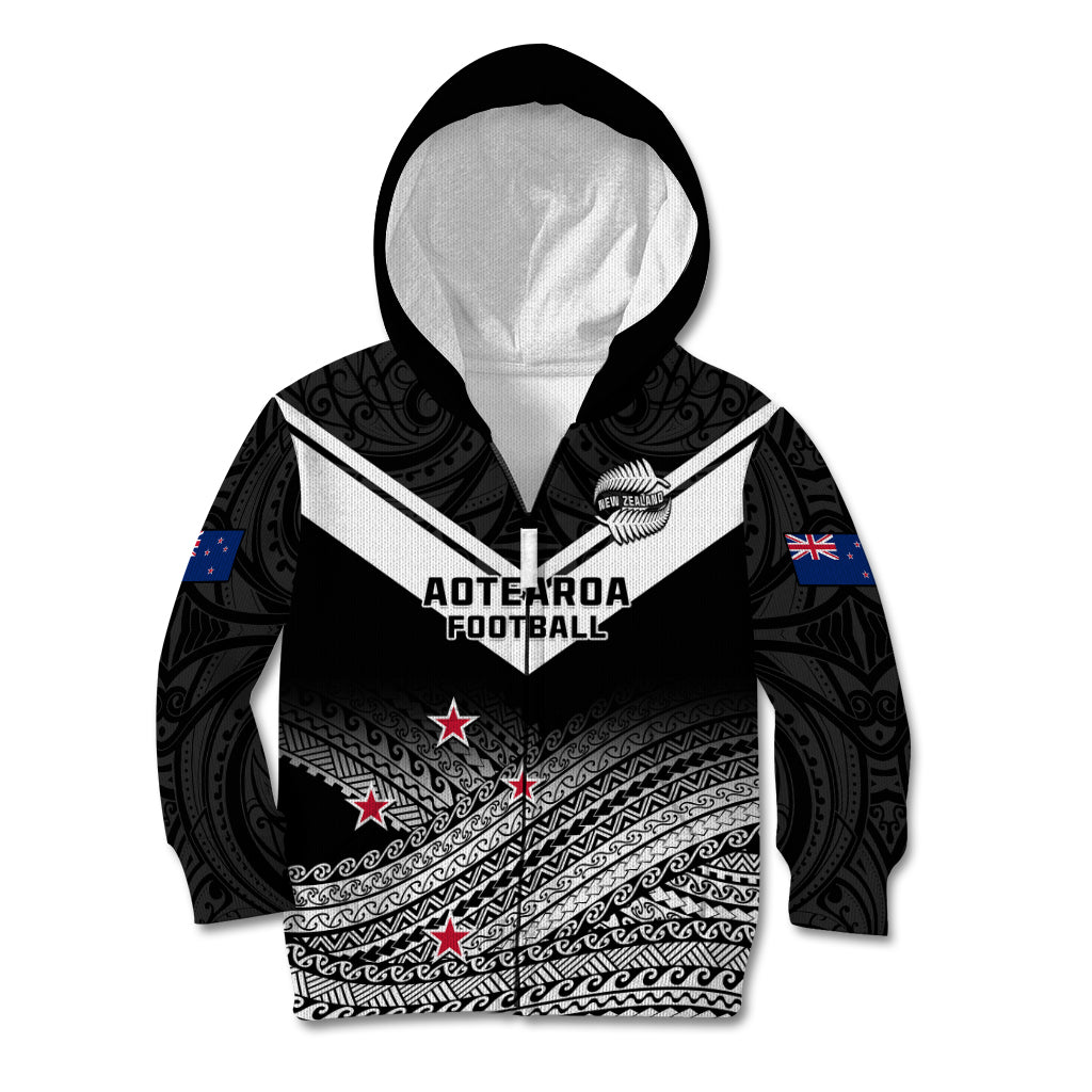 Personalised Aotearoa Football Kid Hoodie Go New Zealand Maori Fern Pattern LT14 Zip Hoodie Black - Polynesian Pride