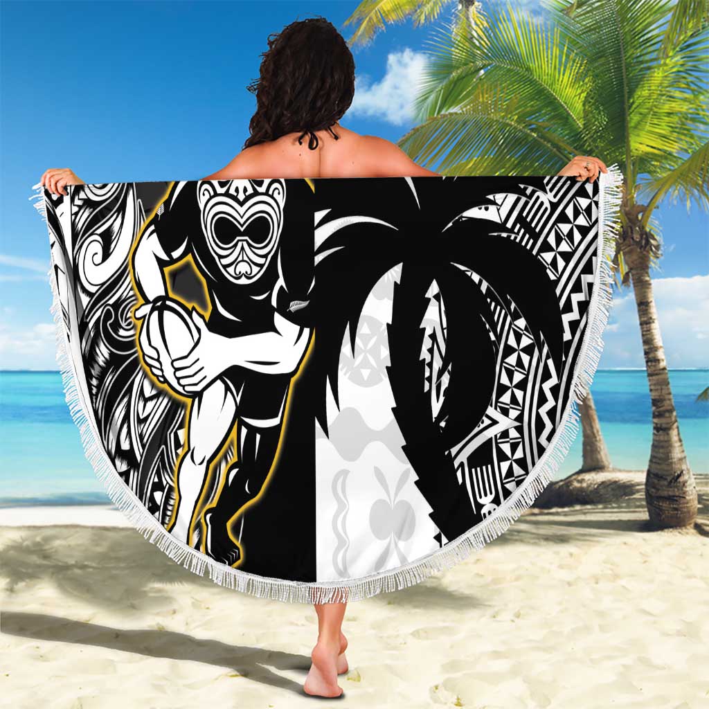 Custom Fiji And New Zealand Rugby Beach Blanket Aotearoa Silver Fern Mix Fijian Tapa Pattern