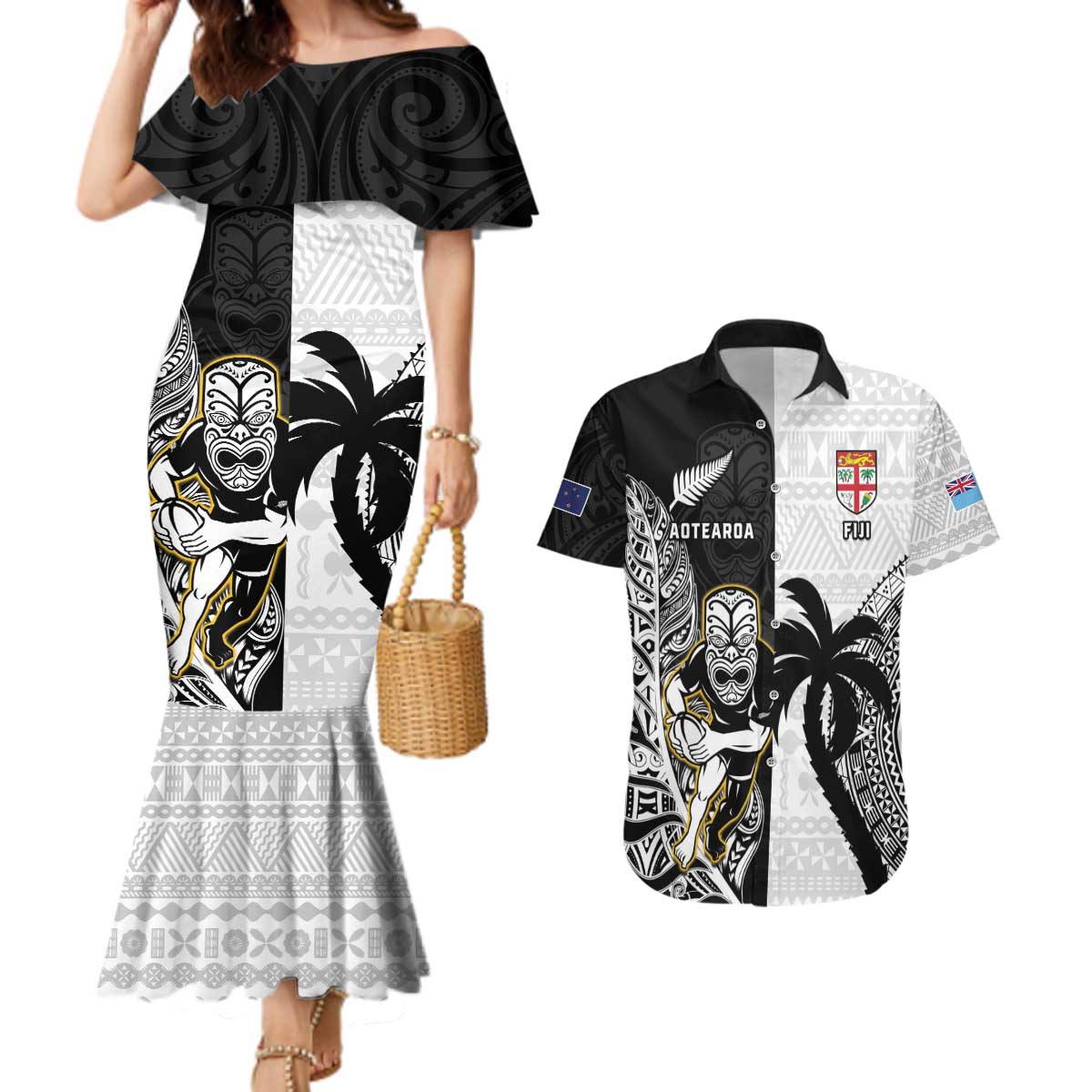 Custom Fiji And New Zealand Rugby Couples Matching Mermaid Dress and Hawaiian Shirt Aotearoa Silver Fern Mix Fijian Tapa Pattern