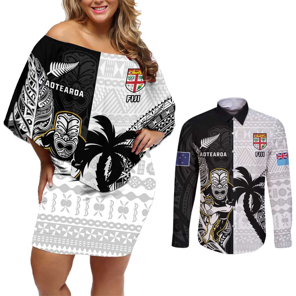 Custom Fiji And New Zealand Rugby Couples Matching Off Shoulder Short Dress and Long Sleeve Button Shirt Aotearoa Silver Fern Mix Fijian Tapa Pattern