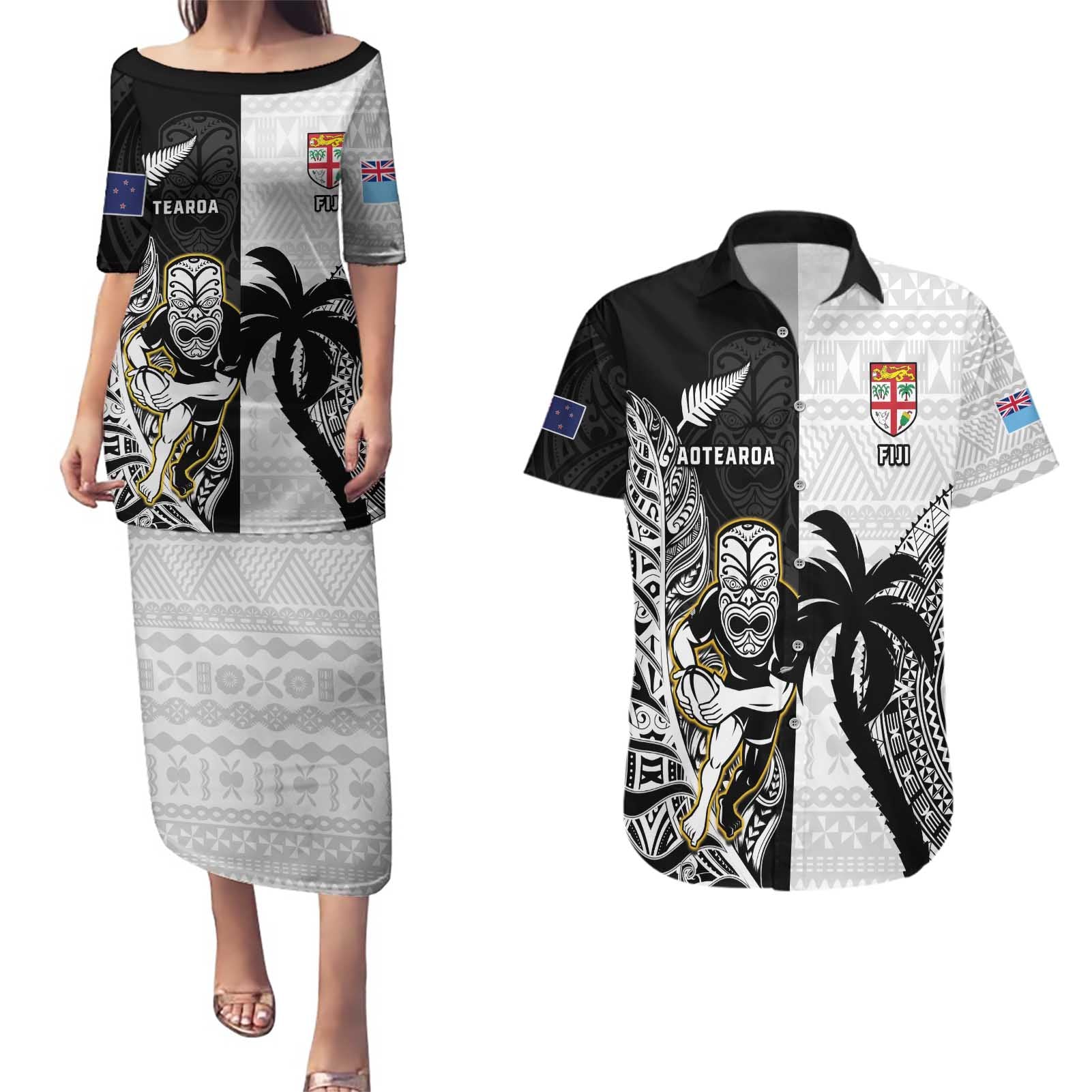 Custom Fiji And New Zealand Rugby Couples Matching Puletasi and Hawaiian Shirt Aotearoa Silver Fern Mix Fijian Tapa Pattern