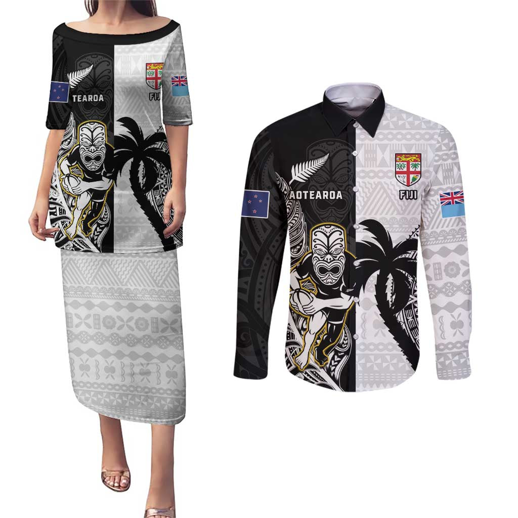 Custom Fiji And New Zealand Rugby Couples Matching Puletasi and Long Sleeve Button Shirt Aotearoa Silver Fern Mix Fijian Tapa Pattern LT14 Black - Polynesian Pride