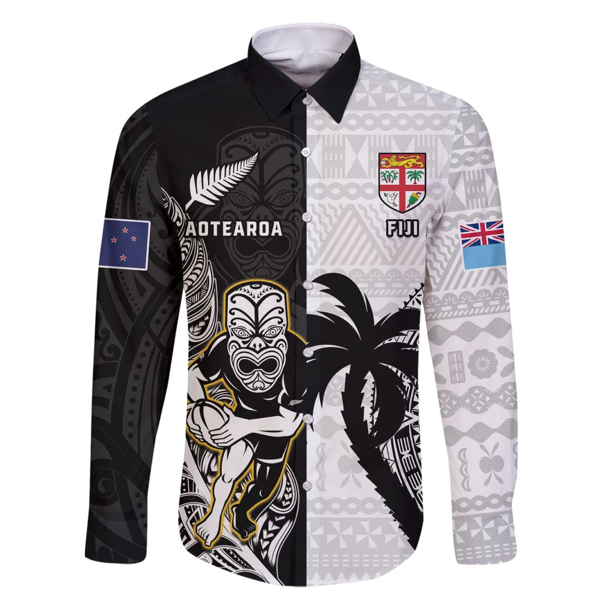 Custom Fiji And New Zealand Rugby Family Matching Off The Shoulder Long Sleeve Dress and Hawaiian Shirt Aotearoa Silver Fern Mix Fijian Tapa Pattern