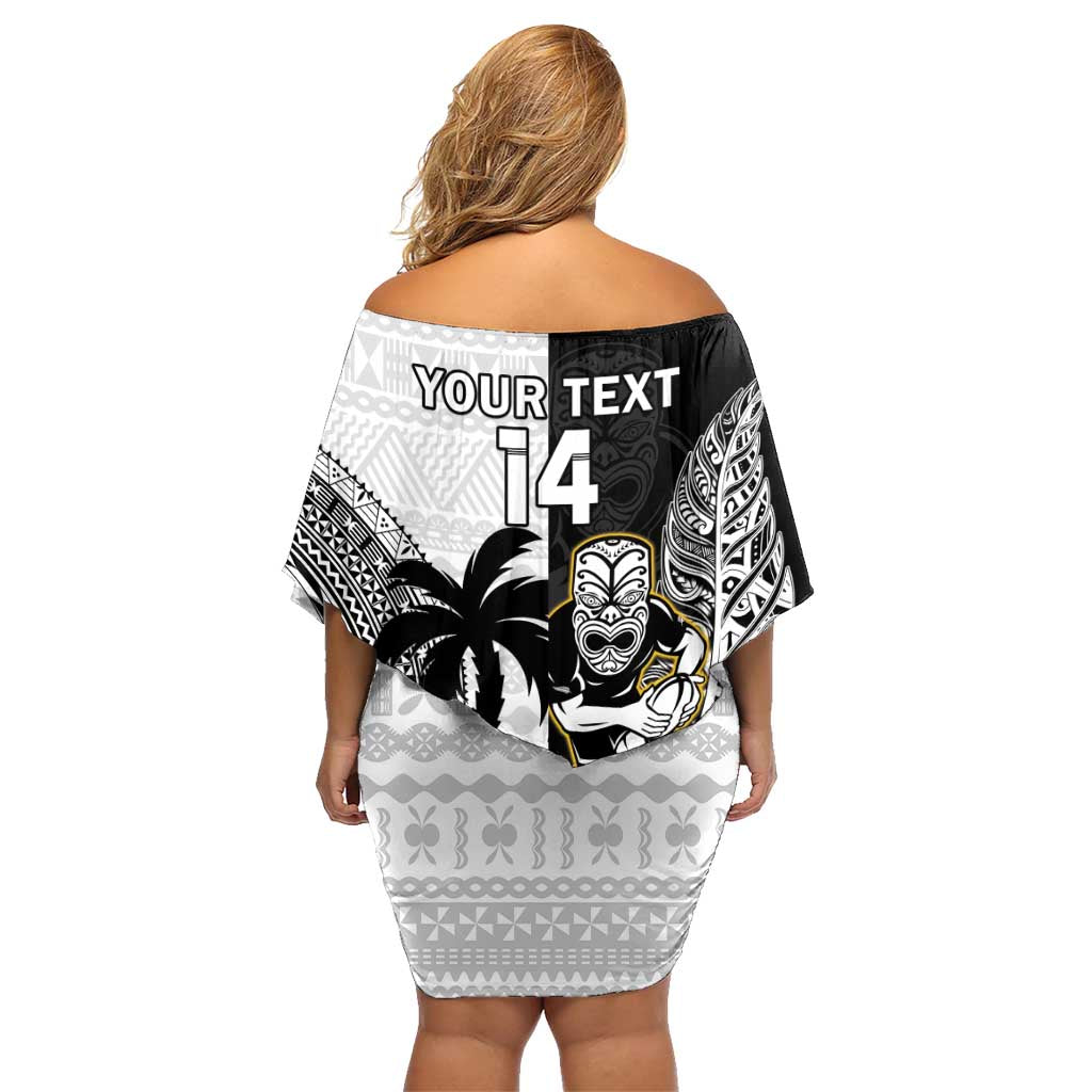 Custom Fiji And New Zealand Rugby Family Matching Off Shoulder Short Dress and Hawaiian Shirt Aotearoa Silver Fern Mix Fijian Tapa Pattern