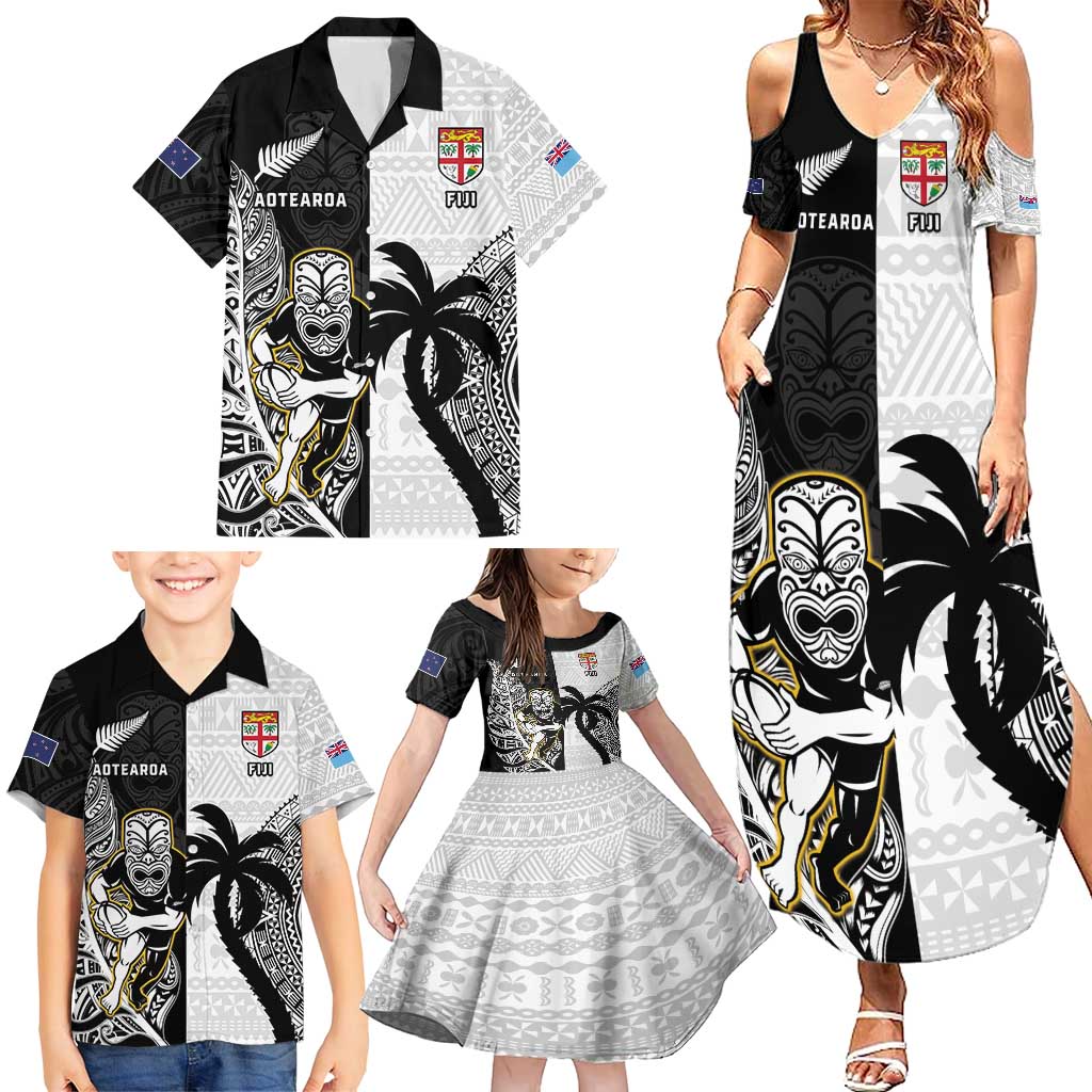 Custom Fiji And New Zealand Rugby Family Matching Summer Maxi Dress and Hawaiian Shirt Aotearoa Silver Fern Mix Fijian Tapa Pattern