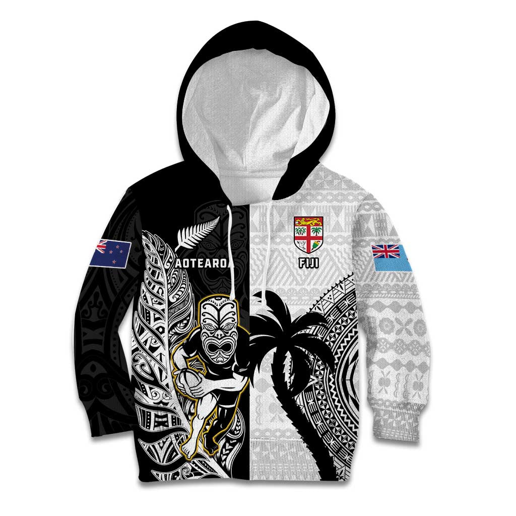 Custom Fiji And New Zealand Rugby Kid Hoodie Aotearoa Silver Fern Mix Fijian Tapa Pattern