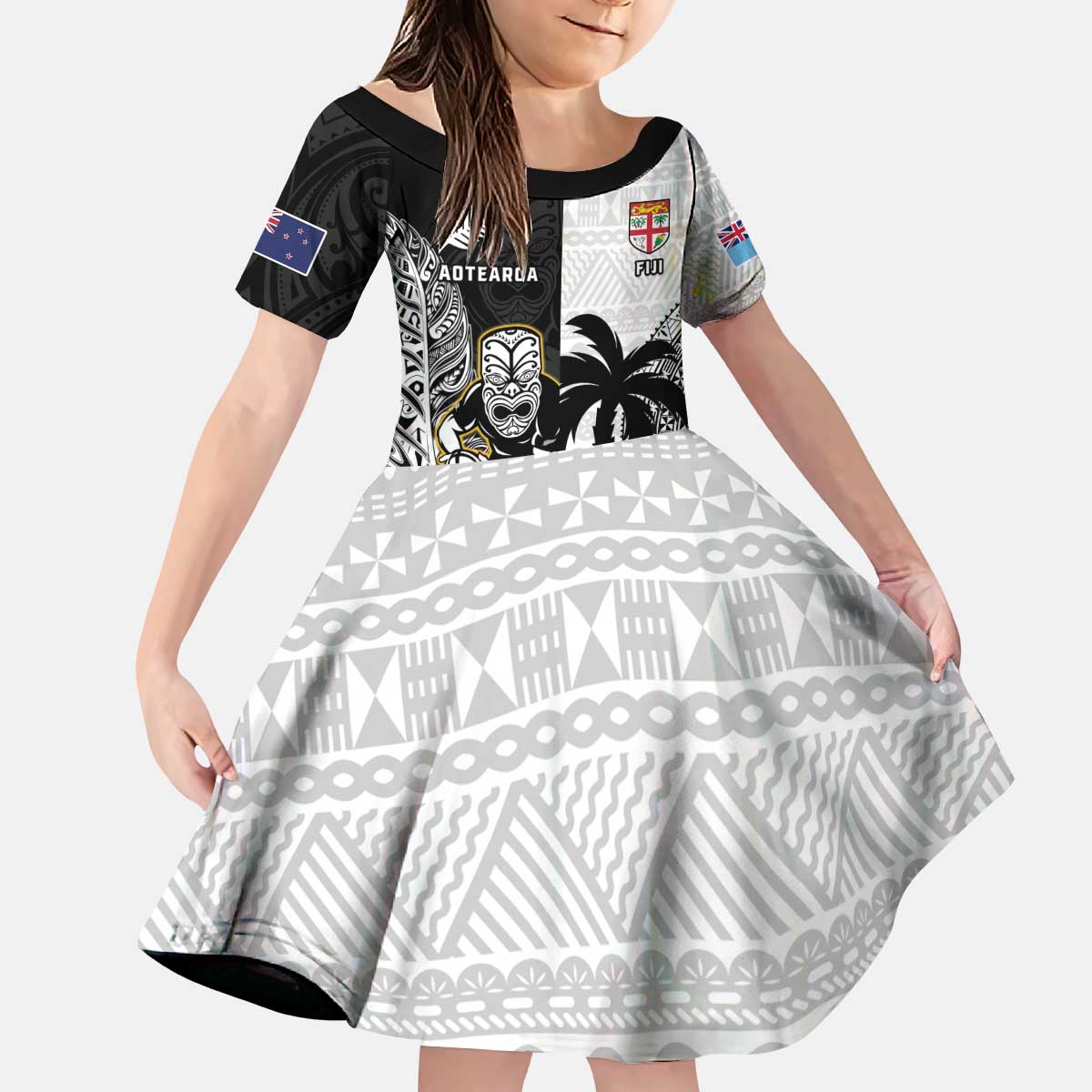 Custom Fiji And New Zealand Rugby Kid Short Sleeve Dress Aotearoa Silver Fern Mix Fijian Tapa Pattern