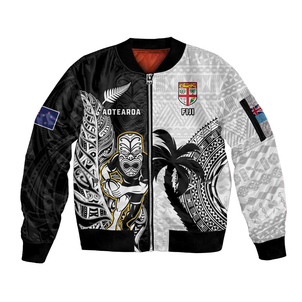 Custom Fiji And New Zealand Rugby Sleeve Zip Bomber Jacket Aotearoa Silver Fern Mix Fijian Tapa Pattern