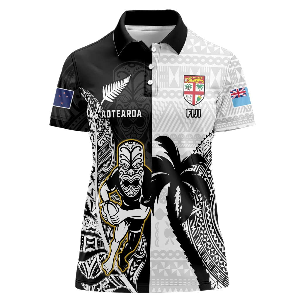 Custom Fiji And New Zealand Rugby Women Polo Shirt Aotearoa Silver Fern Mix Fijian Tapa Pattern