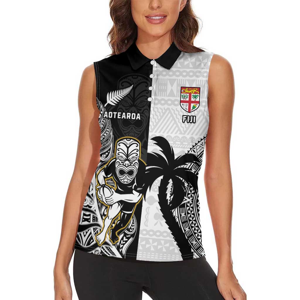 Custom Fiji And New Zealand Rugby Women Sleeveless Polo Shirt Aotearoa Silver Fern Mix Fijian Tapa Pattern