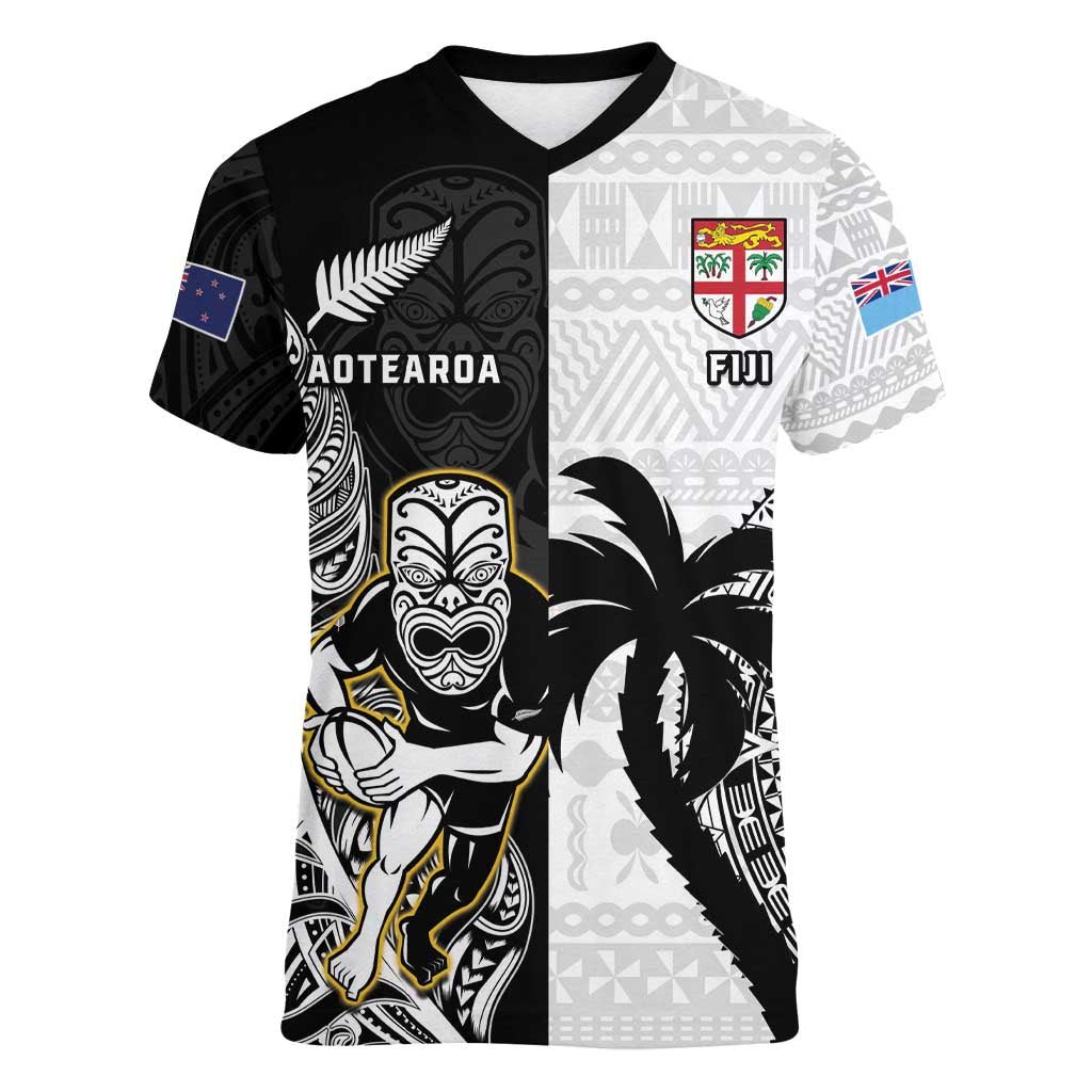 Custom Fiji And New Zealand Rugby Women V-Neck T-Shirt Aotearoa Silver Fern Mix Fijian Tapa Pattern