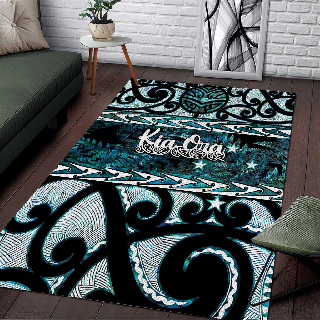 Kia Ora New Zealand Area Rug Aotearoa Proud Maori Paua Shell Silver Fern LT14 Black - Polynesian Pride