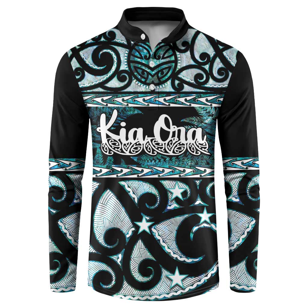 Kia Ora New Zealand Button Sweatshirt Aotearoa Proud Maori Paua Shell Silver Fern LT14 Black - Polynesian Pride
