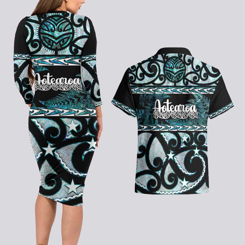 Kia Ora New Zealand Couples Matching Long Sleeve Bodycon Dress and Hawaiian Shirt Aotearoa Proud Maori Paua Shell Silver Fern LT14 - Polynesian Pride