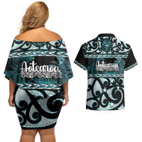 Kia Ora New Zealand Couples Matching Off Shoulder Short Dress and Hawaiian Shirt Aotearoa Proud Maori Paua Shell Silver Fern LT14 - Polynesian Pride