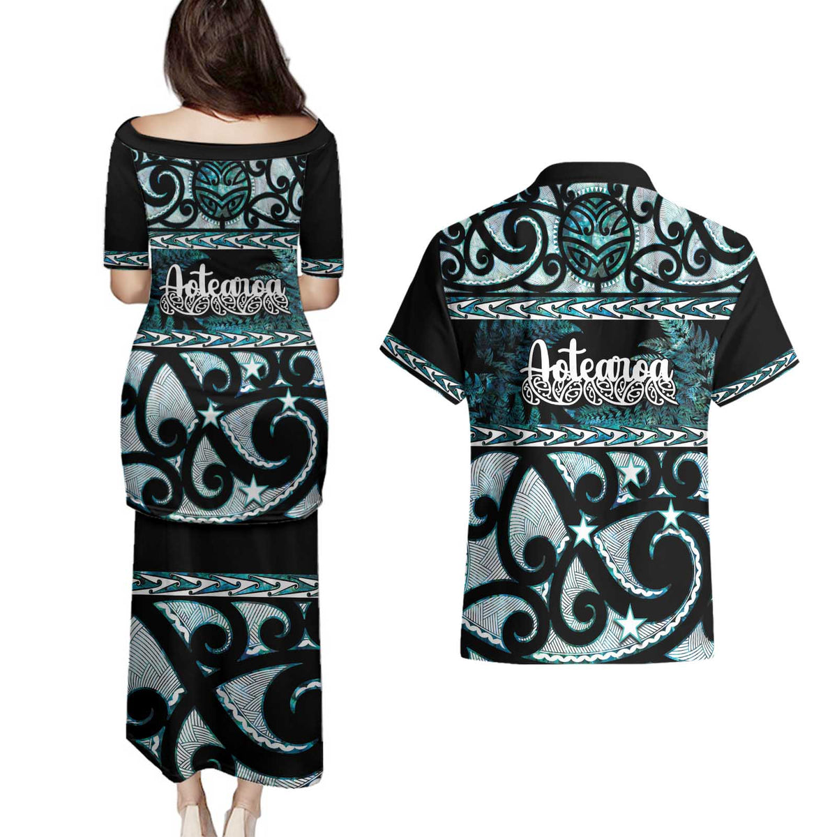 Kia Ora New Zealand Couples Matching Puletasi and Hawaiian Shirt Aotearoa Proud Maori Paua Shell Silver Fern - Polynesian Pride