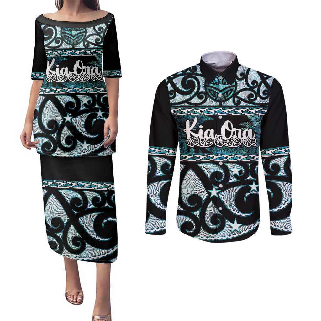 Kia Ora New Zealand Couples Matching Puletasi and Long Sleeve Button Shirt Aotearoa Proud Maori Paua Shell Silver Fern LT14 Black - Polynesian Pride
