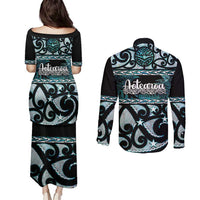 Kia Ora New Zealand Couples Matching Puletasi and Long Sleeve Button Shirt Aotearoa Proud Maori Paua Shell Silver Fern LT14 - Polynesian Pride