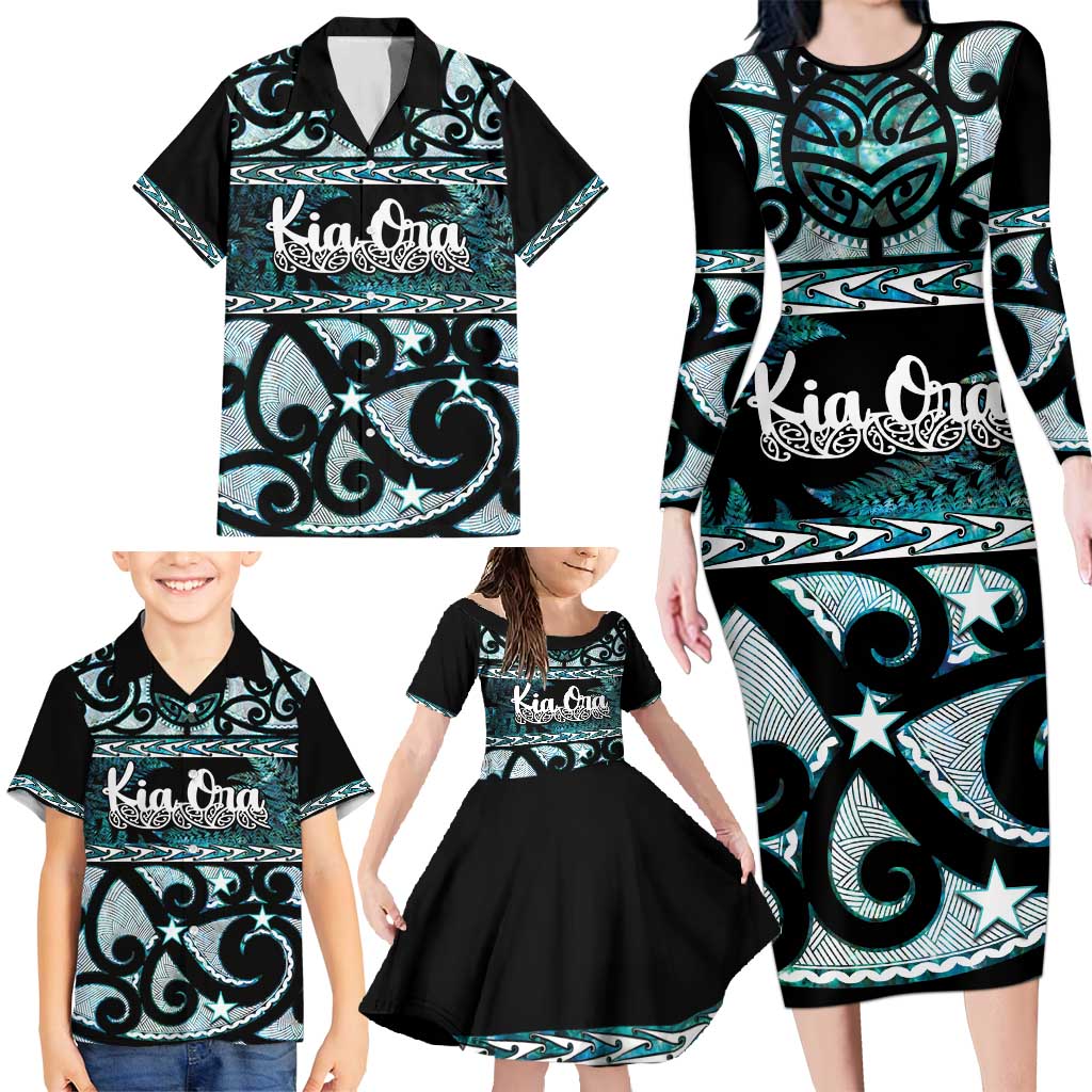 Kia Ora New Zealand Family Matching Long Sleeve Bodycon Dress and Hawaiian Shirt Aotearoa Proud Maori Paua Shell Silver Fern LT14 - Polynesian Pride