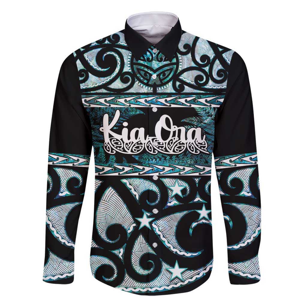 Kia Ora New Zealand Family Matching Long Sleeve Bodycon Dress and Hawaiian Shirt Aotearoa Proud Maori Paua Shell Silver Fern LT14 Dad's Shirt - Long Sleeve Black - Polynesian Pride
