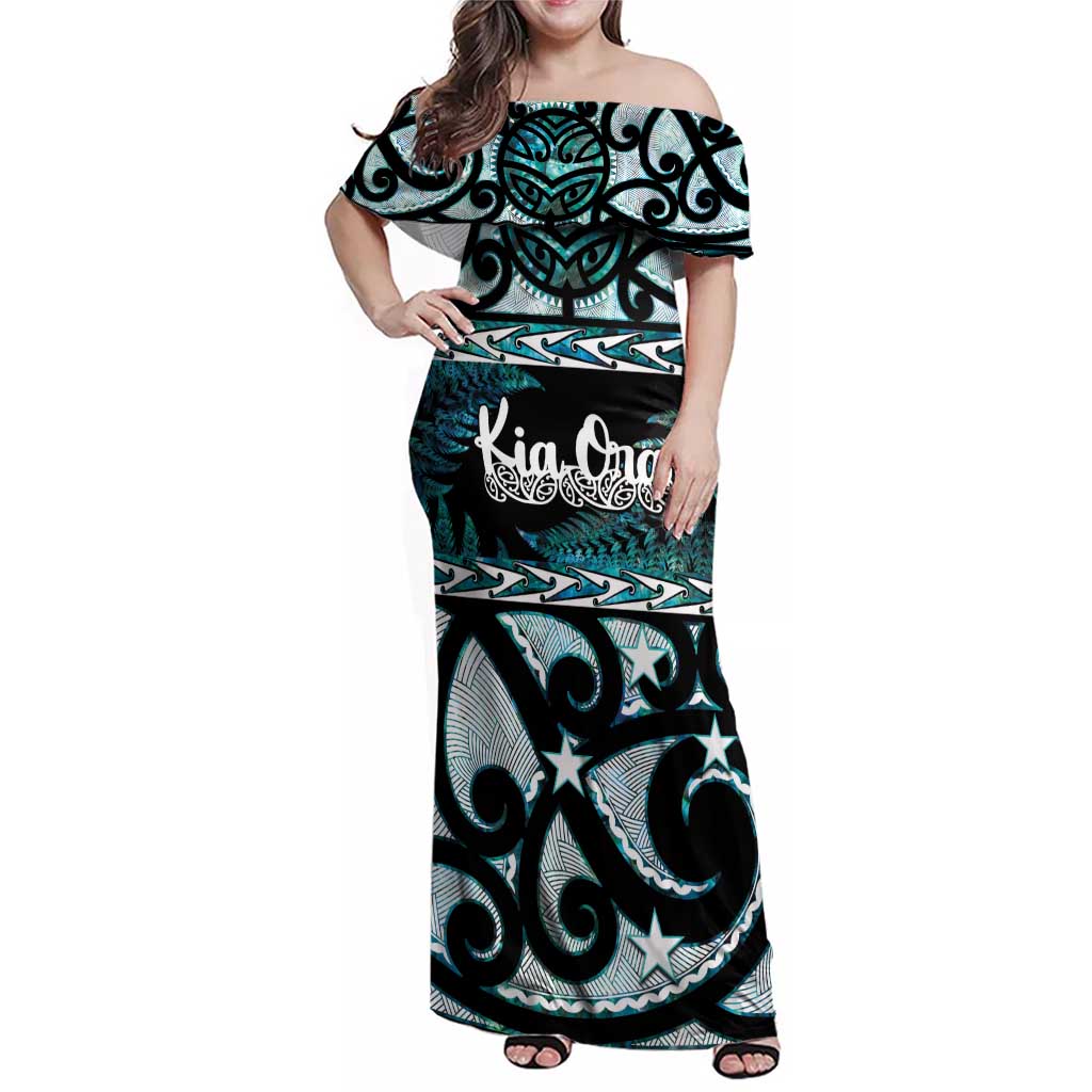 Kia Ora New Zealand Family Matching Off Shoulder Maxi Dress and Hawaiian Shirt Aotearoa Proud Maori Paua Shell Silver Fern - Polynesian Pride