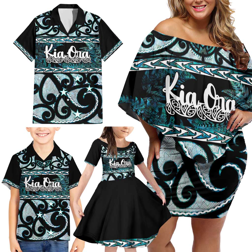 Kia Ora New Zealand Family Matching Off Shoulder Short Dress and Hawaiian Shirt Aotearoa Proud Maori Paua Shell Silver Fern - Polynesian Pride