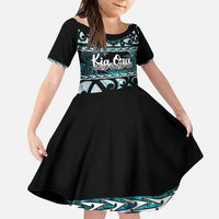 Kia Ora New Zealand Family Matching Puletasi and Hawaiian Shirt Aotearoa Proud Maori Paua Shell Silver Fern LT14 Daughter's Dress Black - Polynesian Pride
