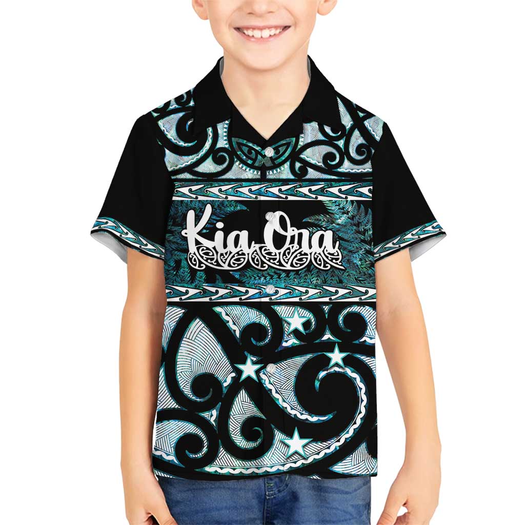 Kia Ora New Zealand Family Matching Puletasi and Hawaiian Shirt Aotearoa Proud Maori Paua Shell Silver Fern LT14 Son's Shirt Black - Polynesian Pride