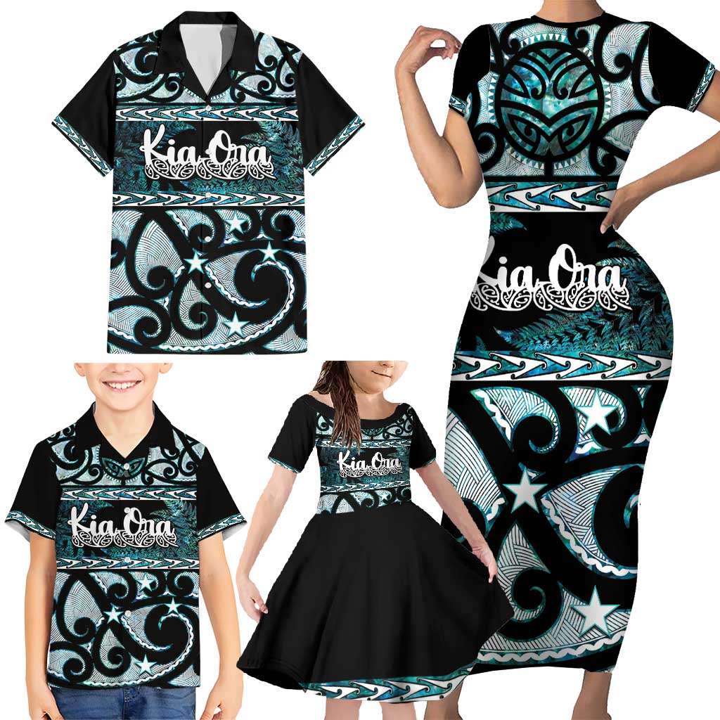 Kia Ora New Zealand Family Matching Short Sleeve Bodycon Dress and Hawaiian Shirt Aotearoa Proud Maori Paua Shell Silver Fern LT14 - Polynesian Pride