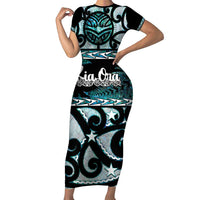 Kia Ora New Zealand Family Matching Short Sleeve Bodycon Dress and Hawaiian Shirt Aotearoa Proud Maori Paua Shell Silver Fern LT14 Mom's Dress Black - Polynesian Pride