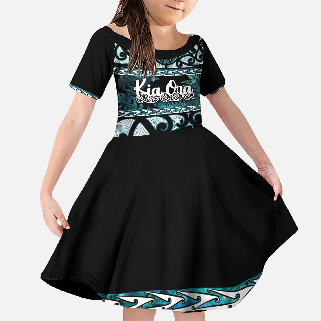 Kia Ora New Zealand Family Matching Summer Maxi Dress and Hawaiian Shirt Aotearoa Proud Maori Paua Shell Silver Fern LT14 Daughter's Dress Black - Polynesian Pride