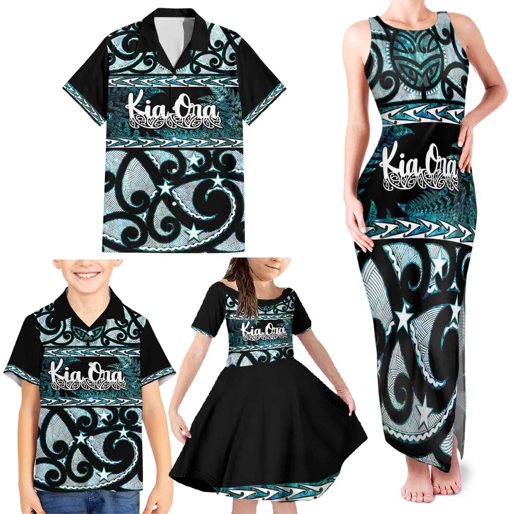 Kia Ora New Zealand Family Matching Tank Maxi Dress and Hawaiian Shirt Aotearoa Proud Maori Paua Shell Silver Fern LT14 - Polynesian Pride